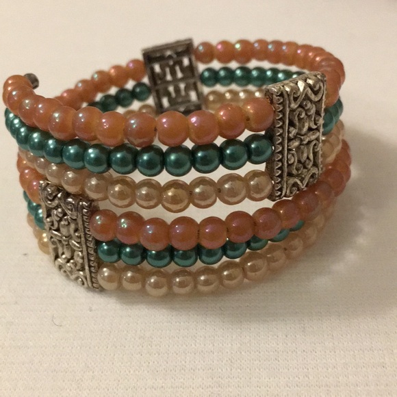 Jewelry - Silver Green Pink and Cream Pearl Wrap Bracelet